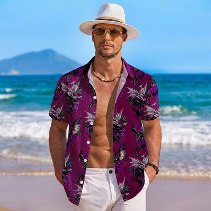 Gothic Purple Roses & Dragons Hawaiian Shirt Men Women Casual Aloha Beach