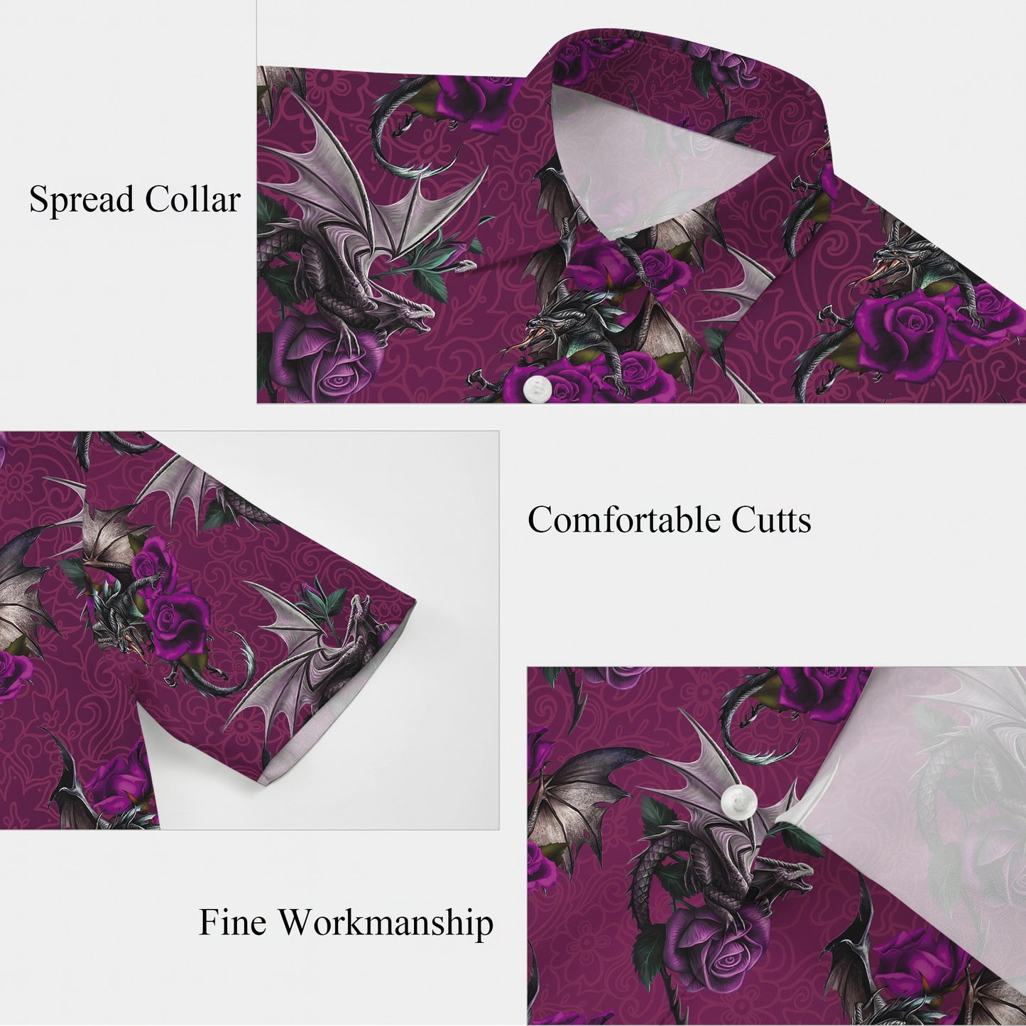 Gothic Purple Roses & Dragons Hawaiian Shirt Men Women Casual Aloha Beach