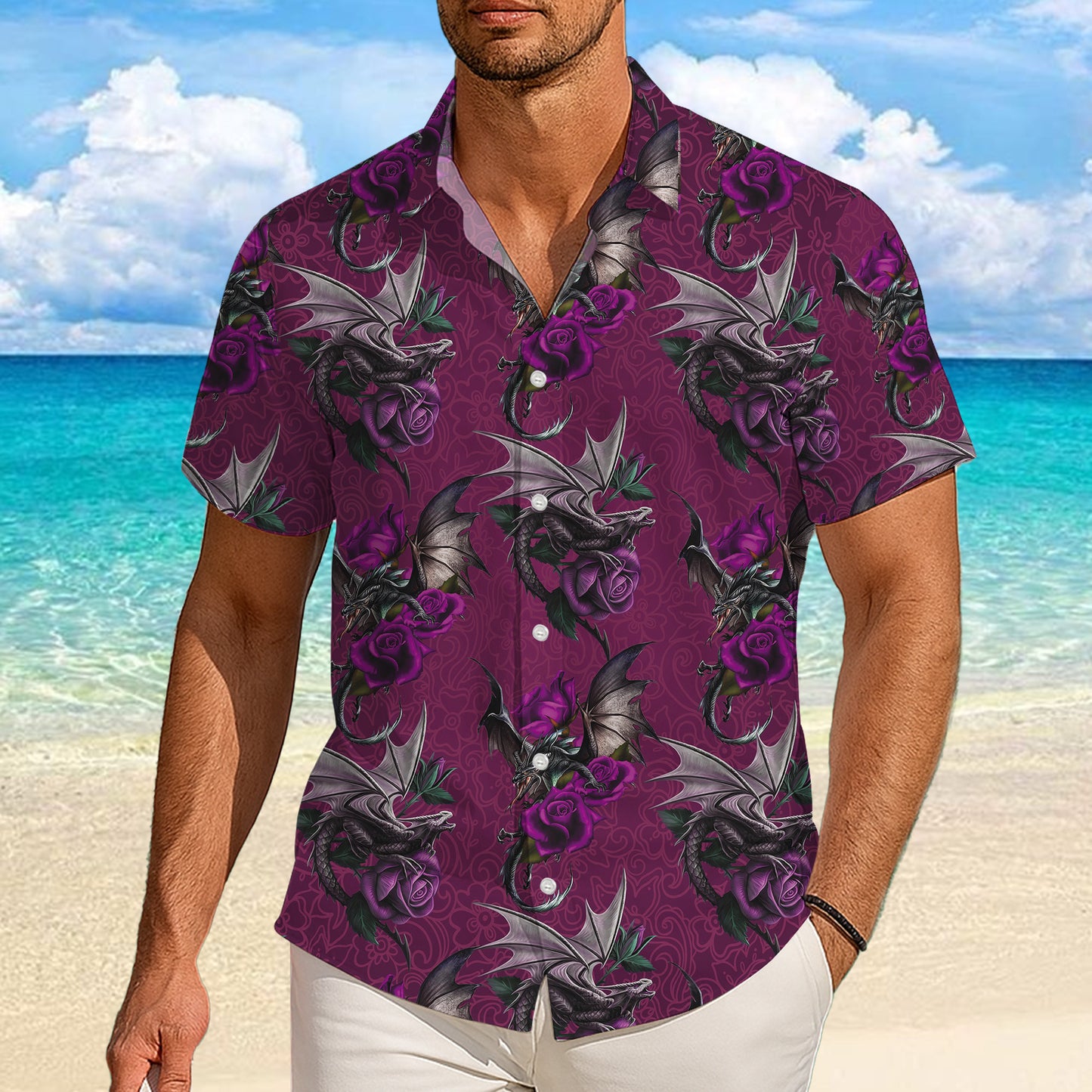 Gothic Purple Roses & Dragons Hawaiian Shirt Men Women Casual Aloha Beach