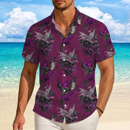 Gothic Purple Roses & Dragons Hawaiian Shirt Men Women Casual Aloha Beach