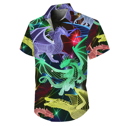 Neon Wireframe Digital Dragons Hawaiian Shirt Men Women Casual Aloha Beach
