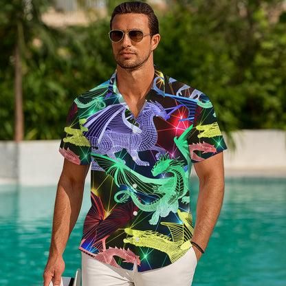 Neon Wireframe Digital Dragons Hawaiian Shirt Men Women Casual Aloha Beach