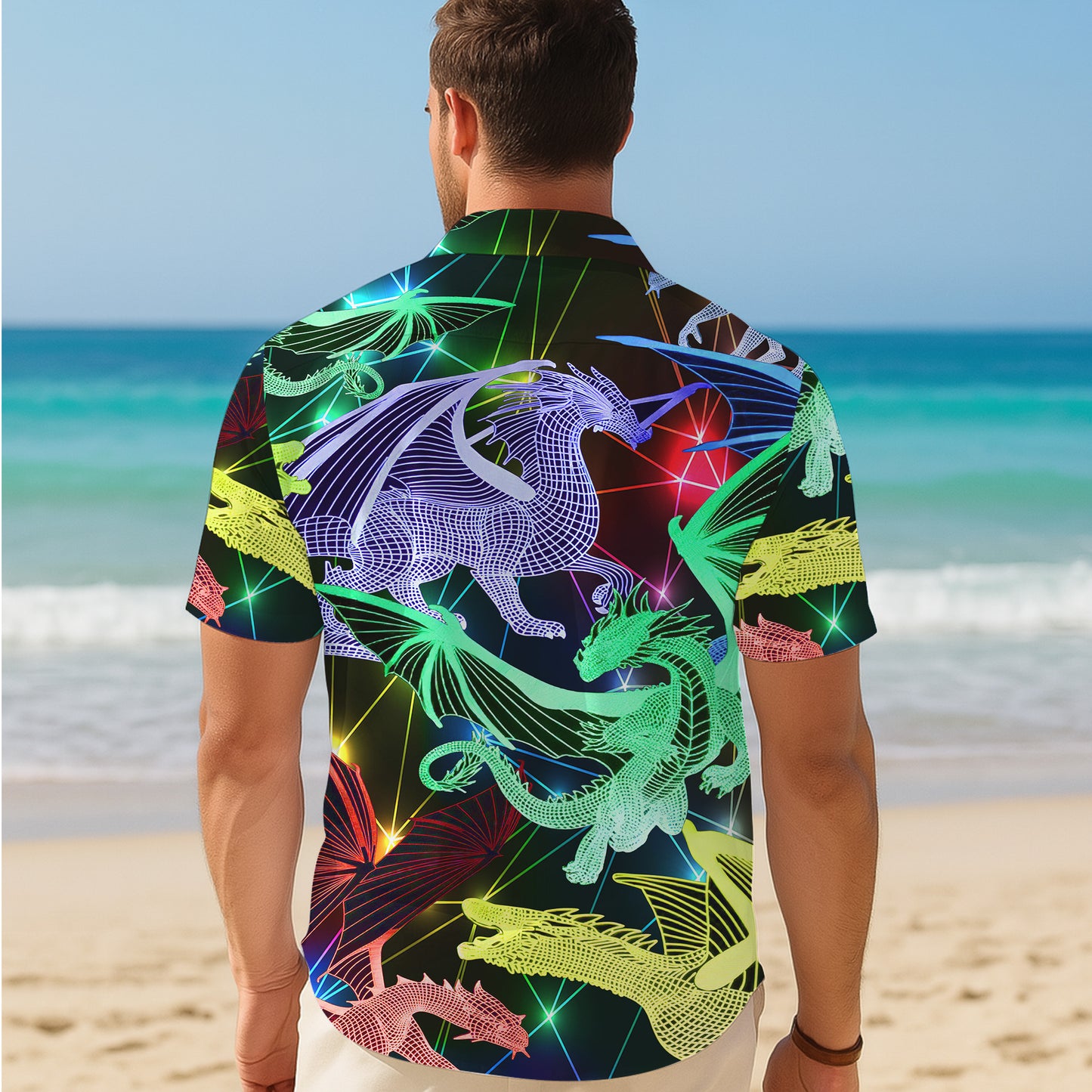 Neon Wireframe Digital Dragons Hawaiian Shirt Men Women Casual Aloha Beach