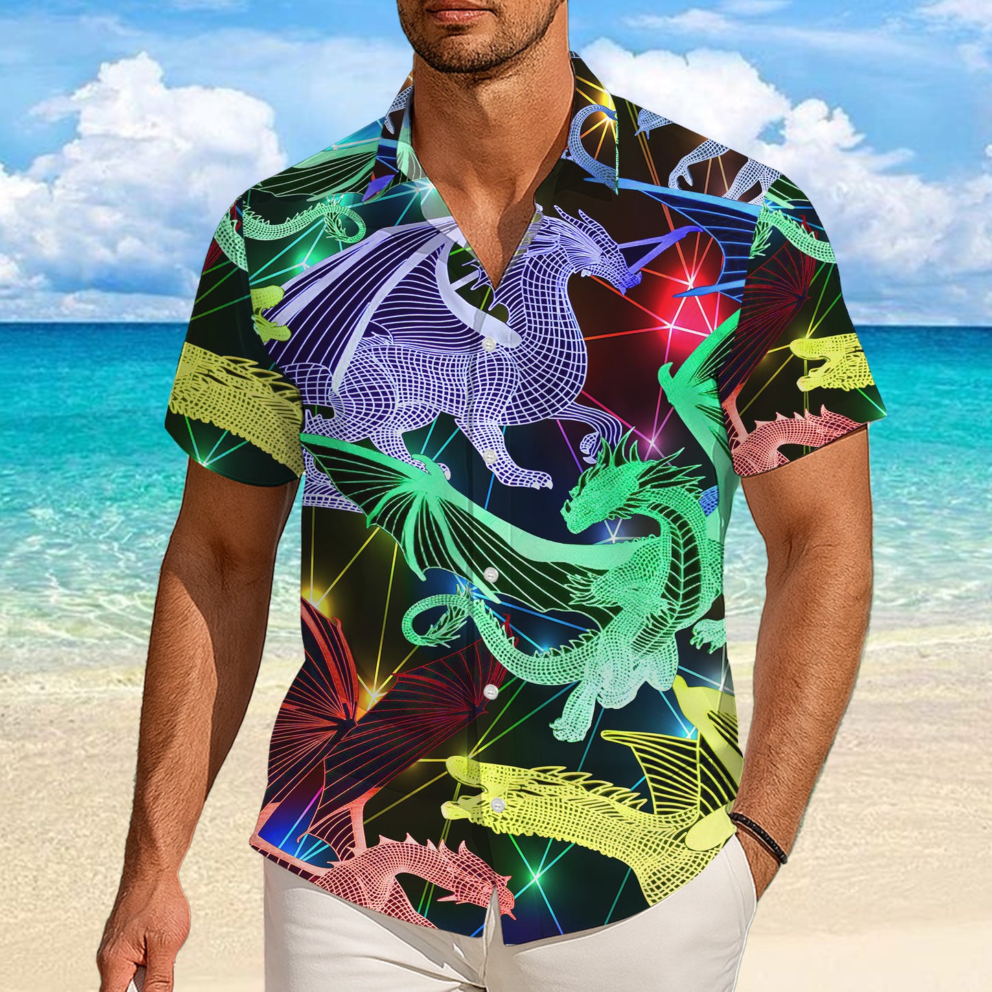 Neon Wireframe Digital Dragons Hawaiian Shirt Men Women Casual Aloha Beach