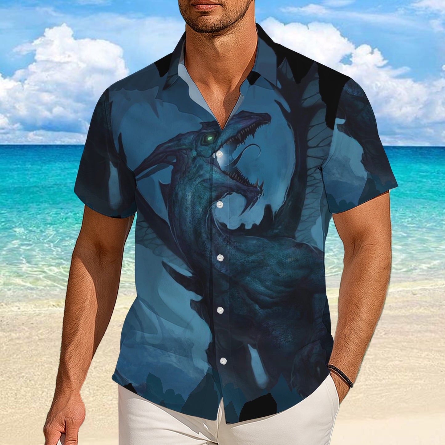 Dark Blue Mythical Dragon Hawaiian Shirt Men Women Casual Aloha Beach