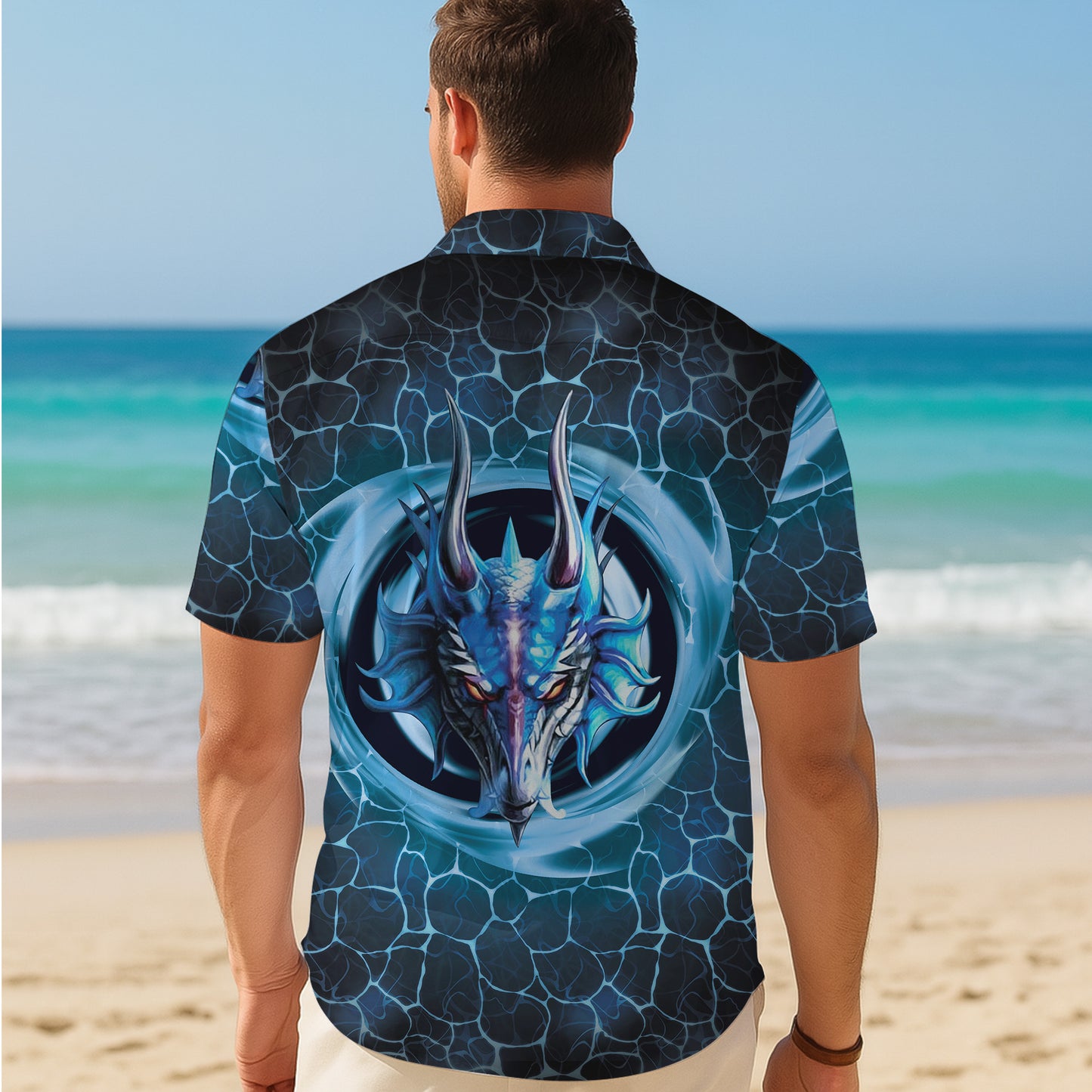 Blue Water Dragon Head Hawaiian Shirt Men Women Casual Aloha Beach Vacation