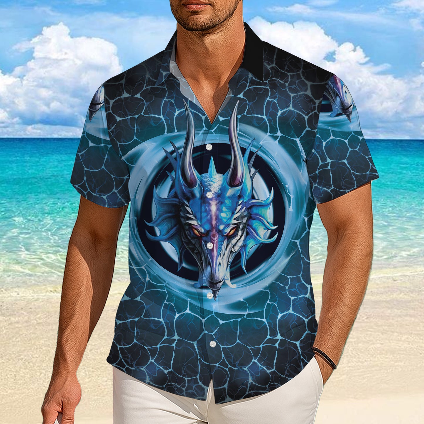 Blue Water Dragon Head Hawaiian Shirt Men Women Casual Aloha Beach Vacation