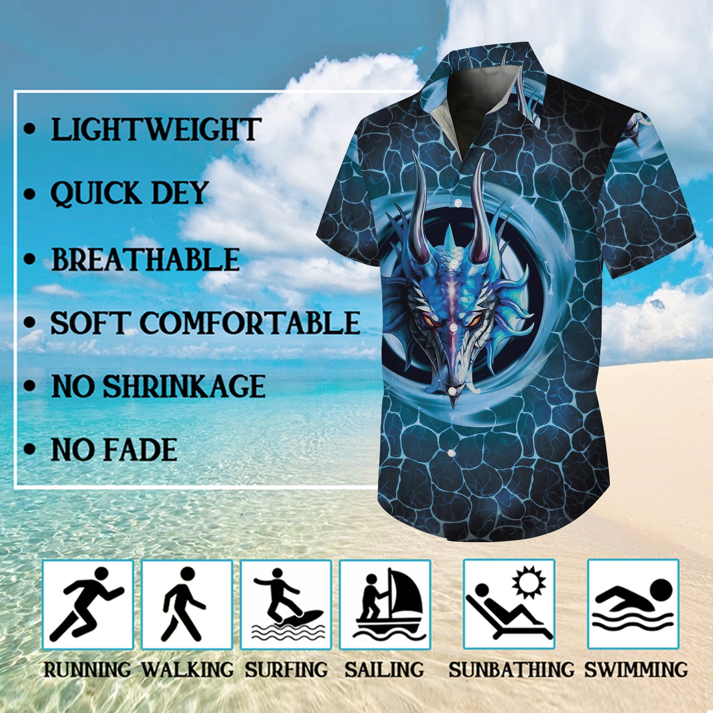 Blue Water Dragon Head Hawaiian Shirt Men Women Casual Aloha Beach Vacation