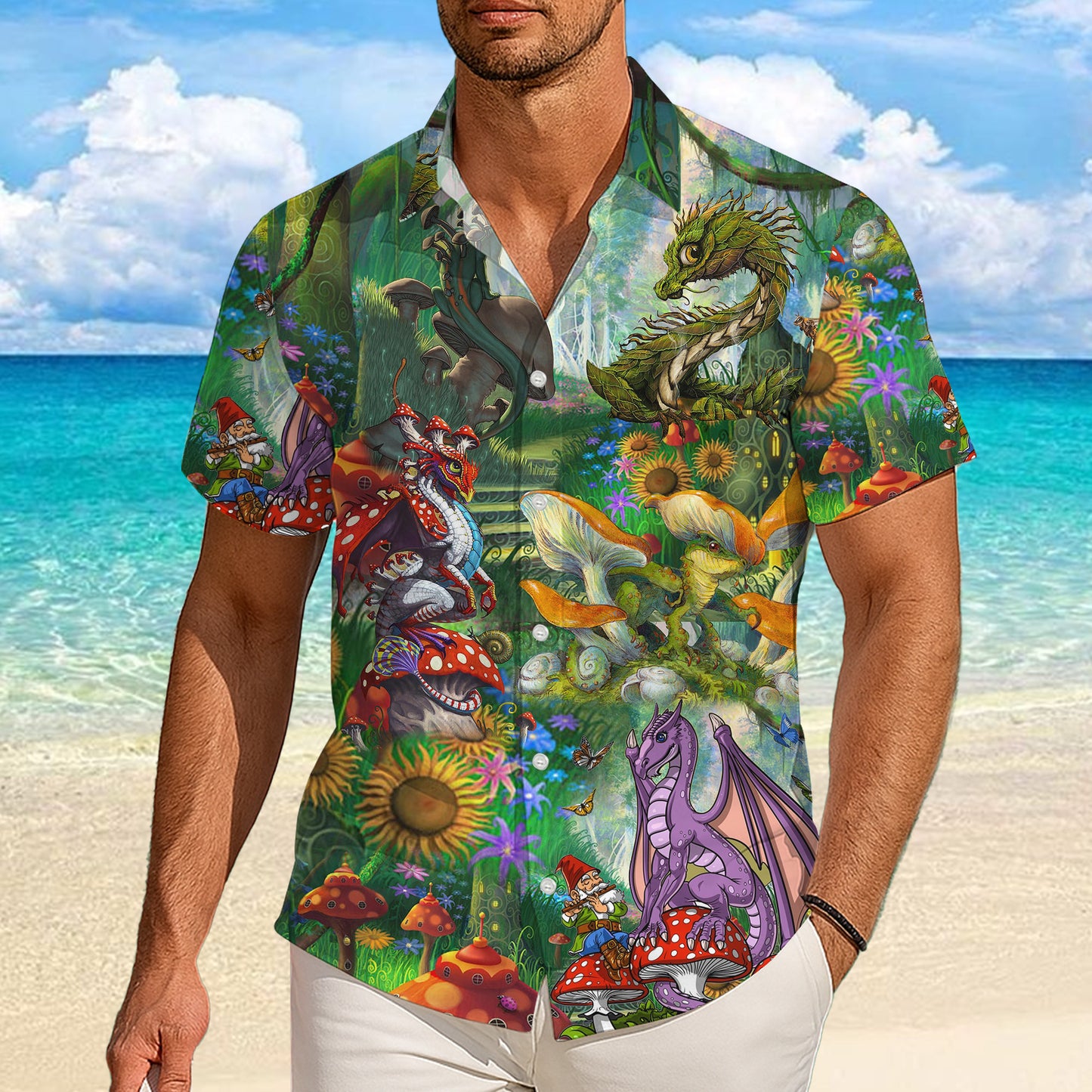 Cute Dragons & Magic Mushroom Forest Hawaiian Shirt Men Women Aloha Beach