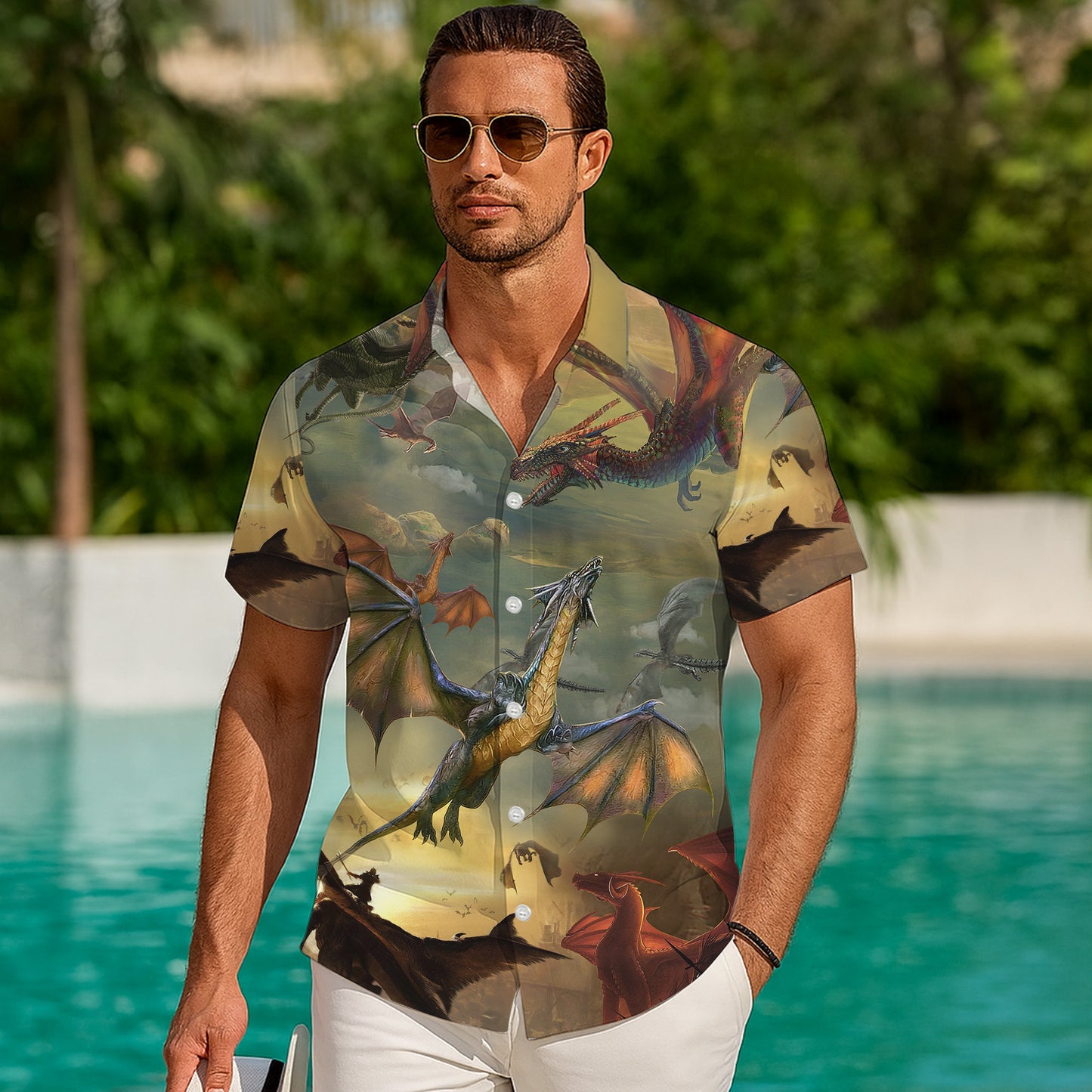 Epic Mythical Dragons Flying in Fantasy Sky Pattern Hawaiian Shirt Men