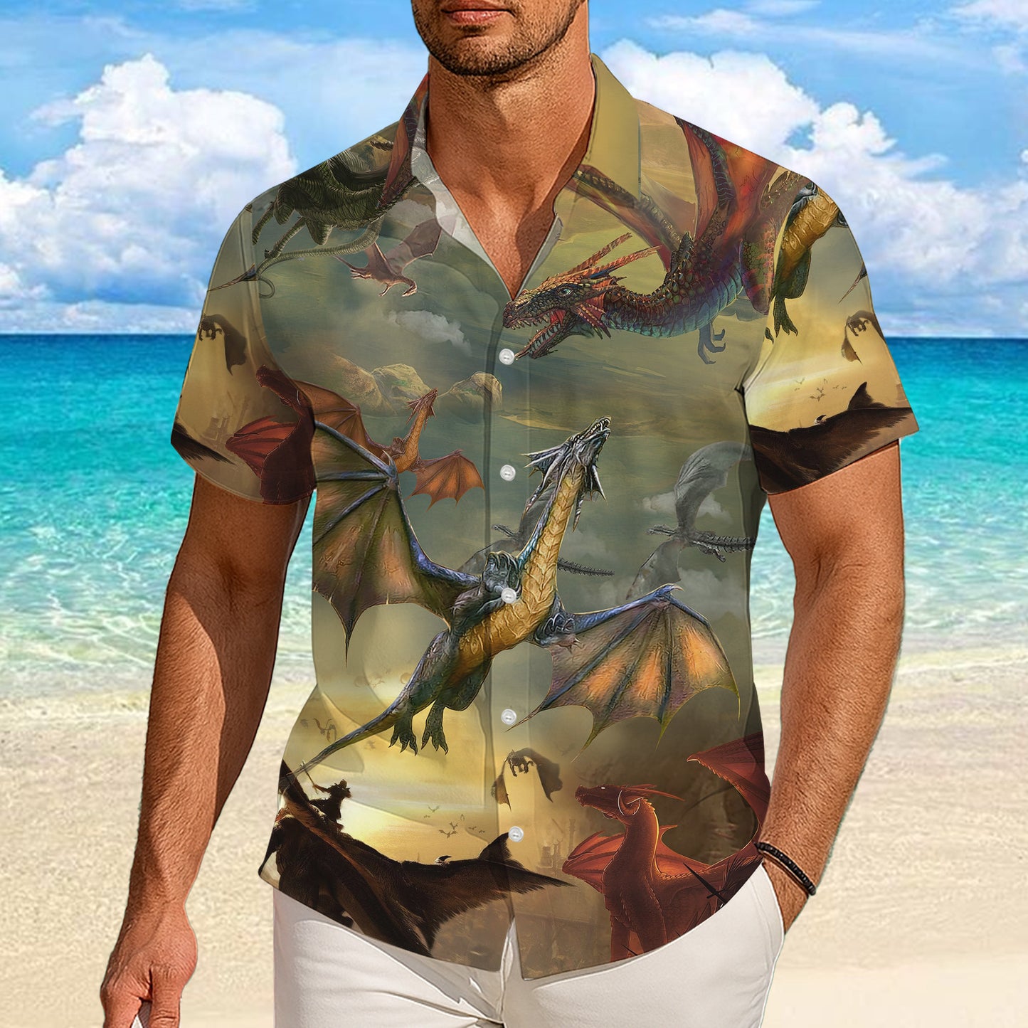 Epic Mythical Dragons Flying in Fantasy Sky Pattern Hawaiian Shirt Men