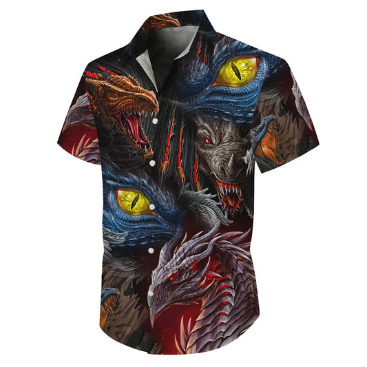 Fierce Mythical Dragon Heads & Eyes Pattern Hawaiian Shirt Men Women Aloha
