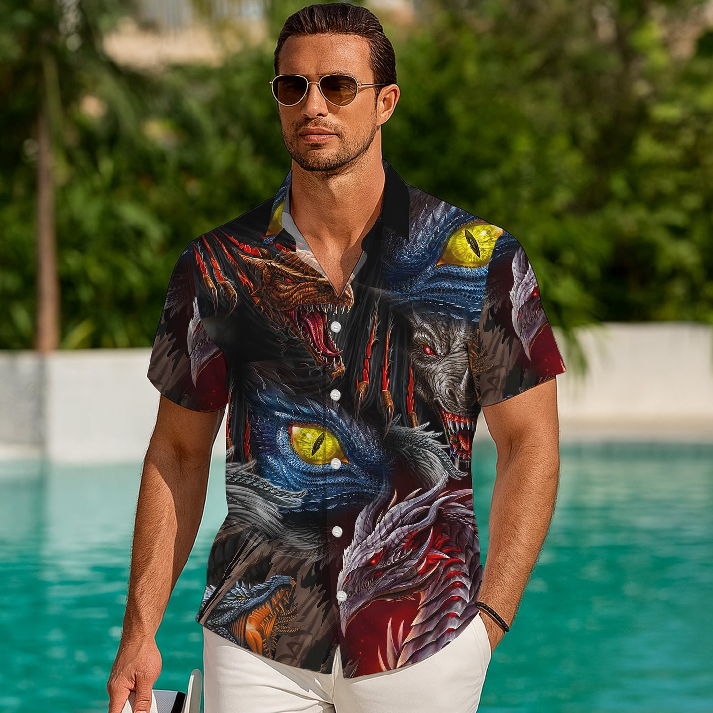 Fierce Mythical Dragon Heads & Eyes Pattern Hawaiian Shirt Men Women Aloha