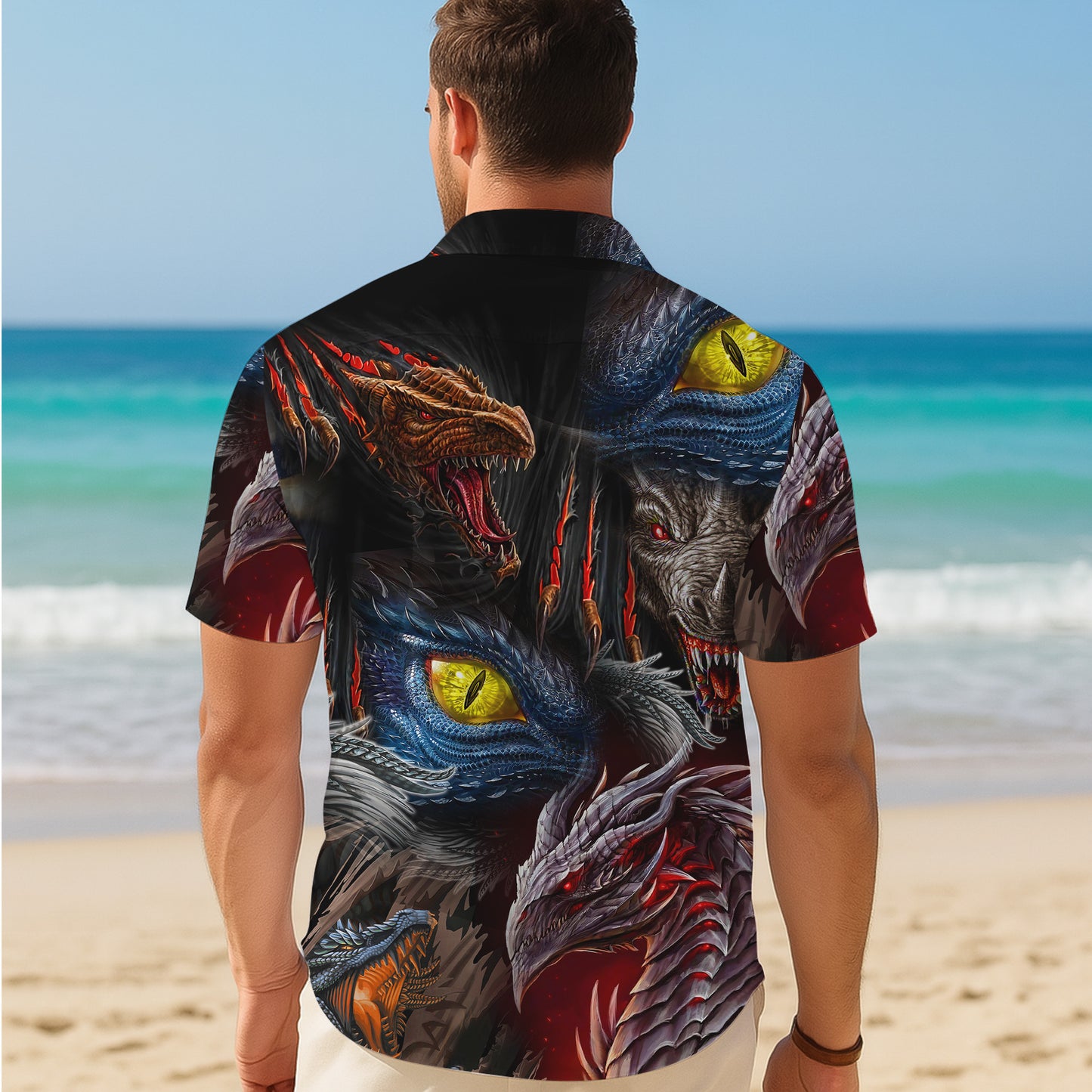 Fierce Mythical Dragon Heads & Eyes Pattern Hawaiian Shirt Men Women Aloha