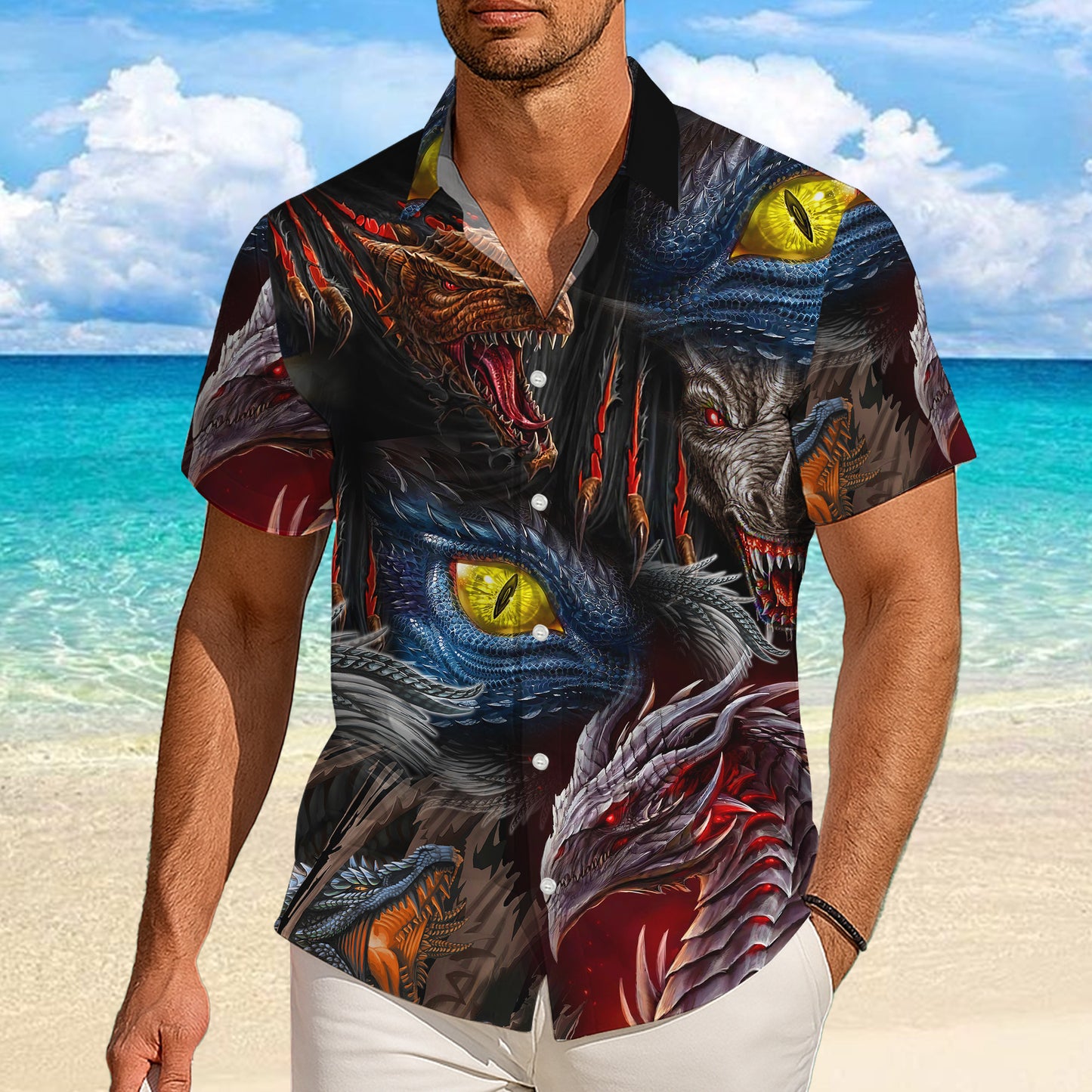 Fierce Mythical Dragon Heads & Eyes Pattern Hawaiian Shirt Men Women Aloha