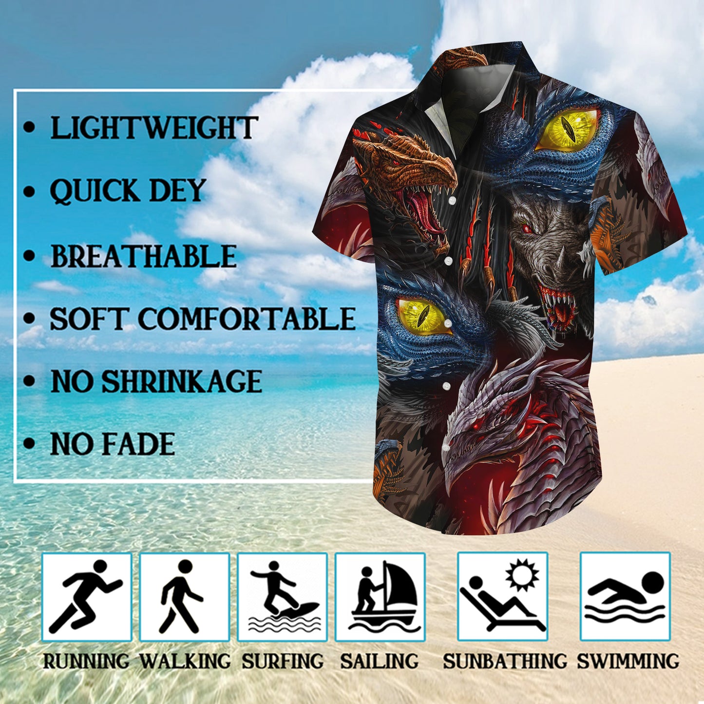 Fierce Mythical Dragon Heads & Eyes Pattern Hawaiian Shirt Men Women Aloha