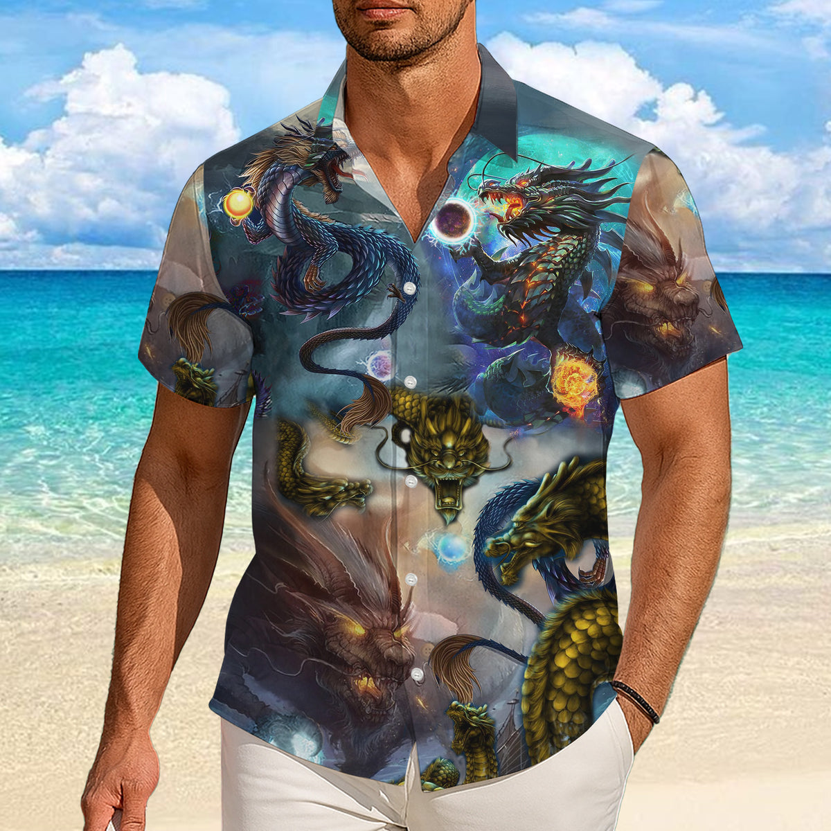 Magical Fantasy Dragon & Energy Orb Pattern Hawaiian Shirt Men Women Aloha