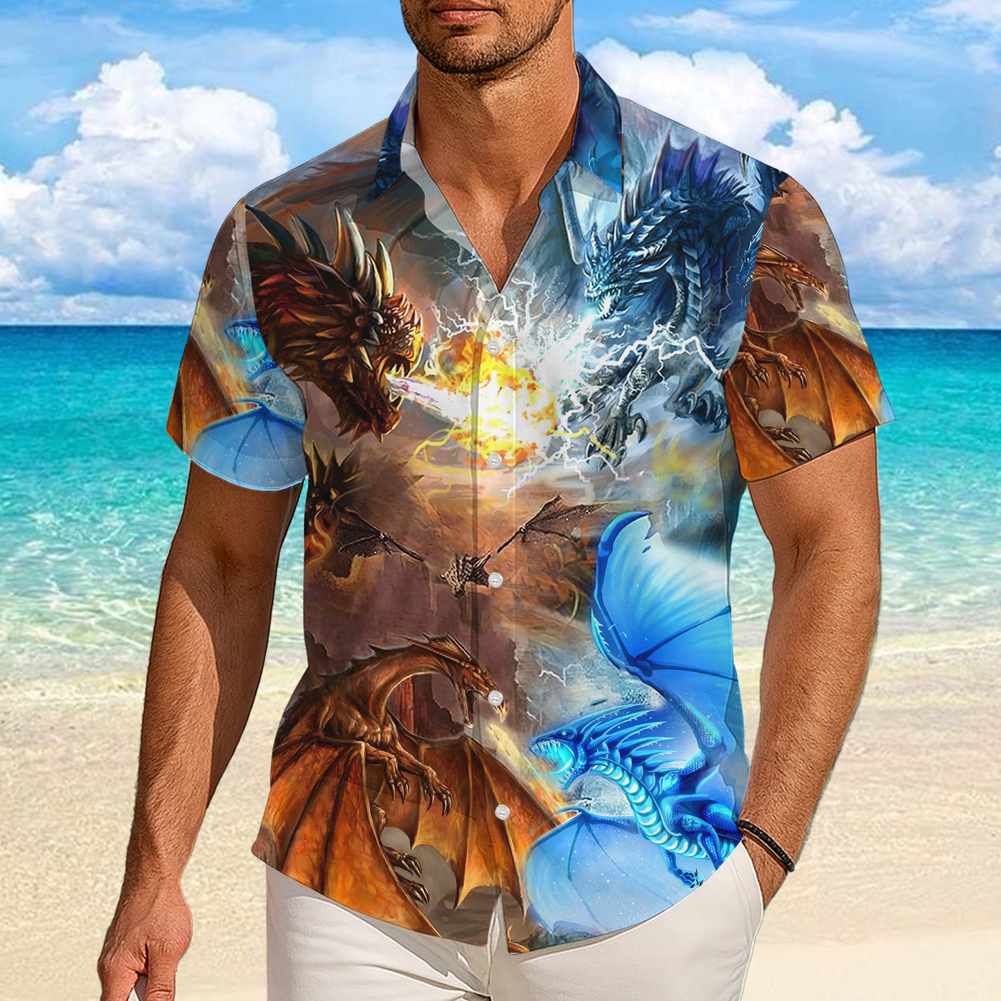 Epic Fire & Ice Elemental Dragons Battle Pattern Hawaiian Shirt Men Women