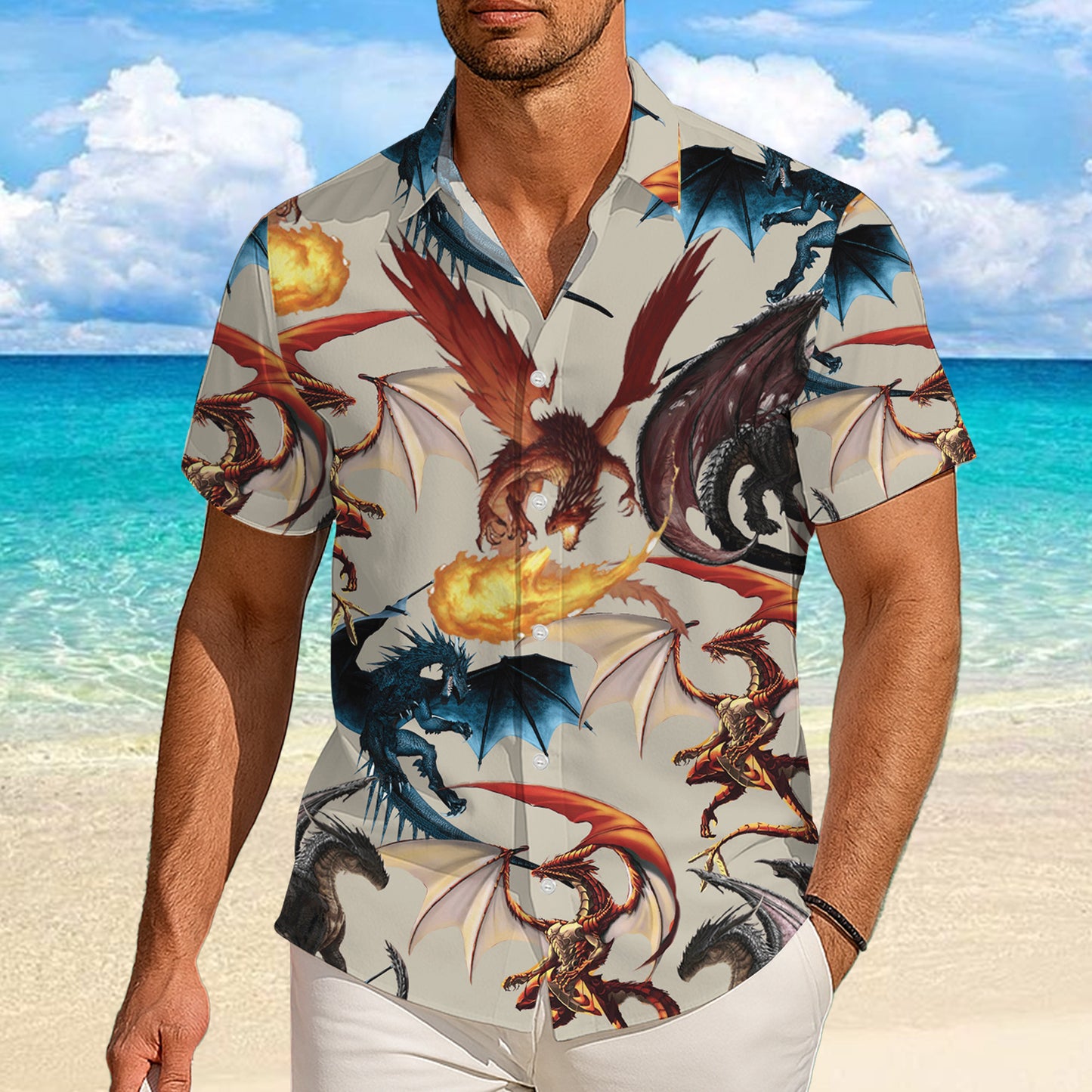 Fantasy Dragons & Fire Hawaiian Shirt Men Women Casual Aloha Beach