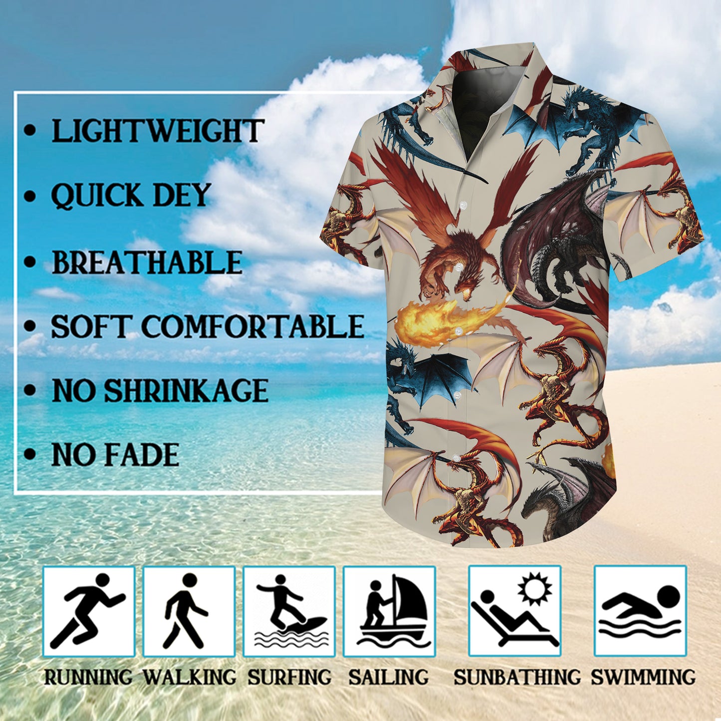 Fantasy Dragons & Fire Hawaiian Shirt Men Women Casual Aloha Beach