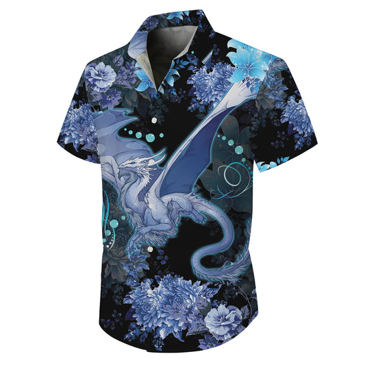 Blue Ice Dragon & Floral Hawaiian Shirt Men Women Casual Aloha Beach Vacation