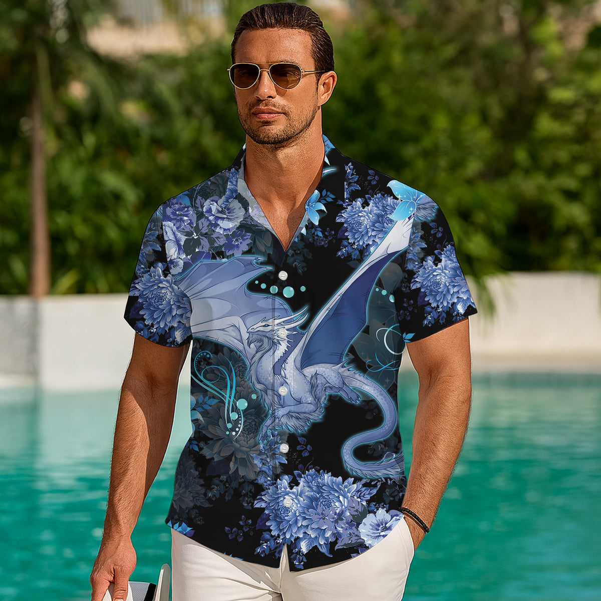 Blue Ice Dragon & Floral Hawaiian Shirt Men Women Casual Aloha Beach Vacation