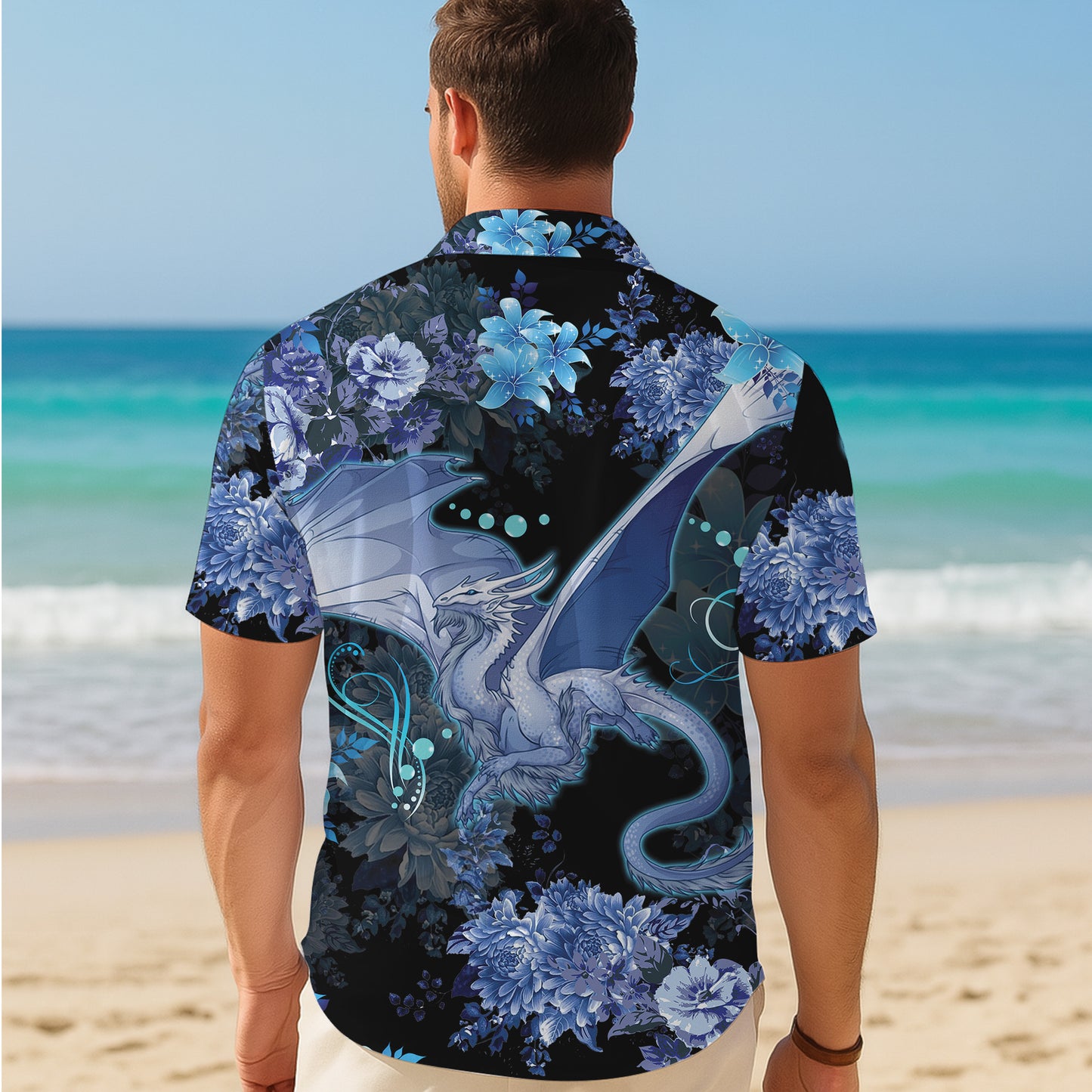 Blue Ice Dragon & Floral Hawaiian Shirt Men Women Casual Aloha Beach Vacation
