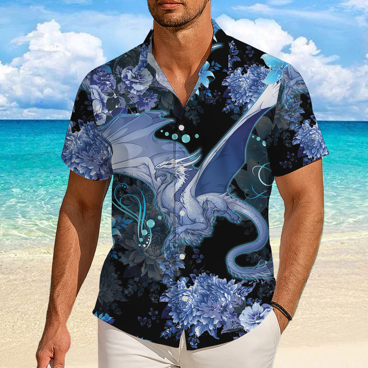 Blue Ice Dragon & Floral Hawaiian Shirt Men Women Casual Aloha Beach Vacation