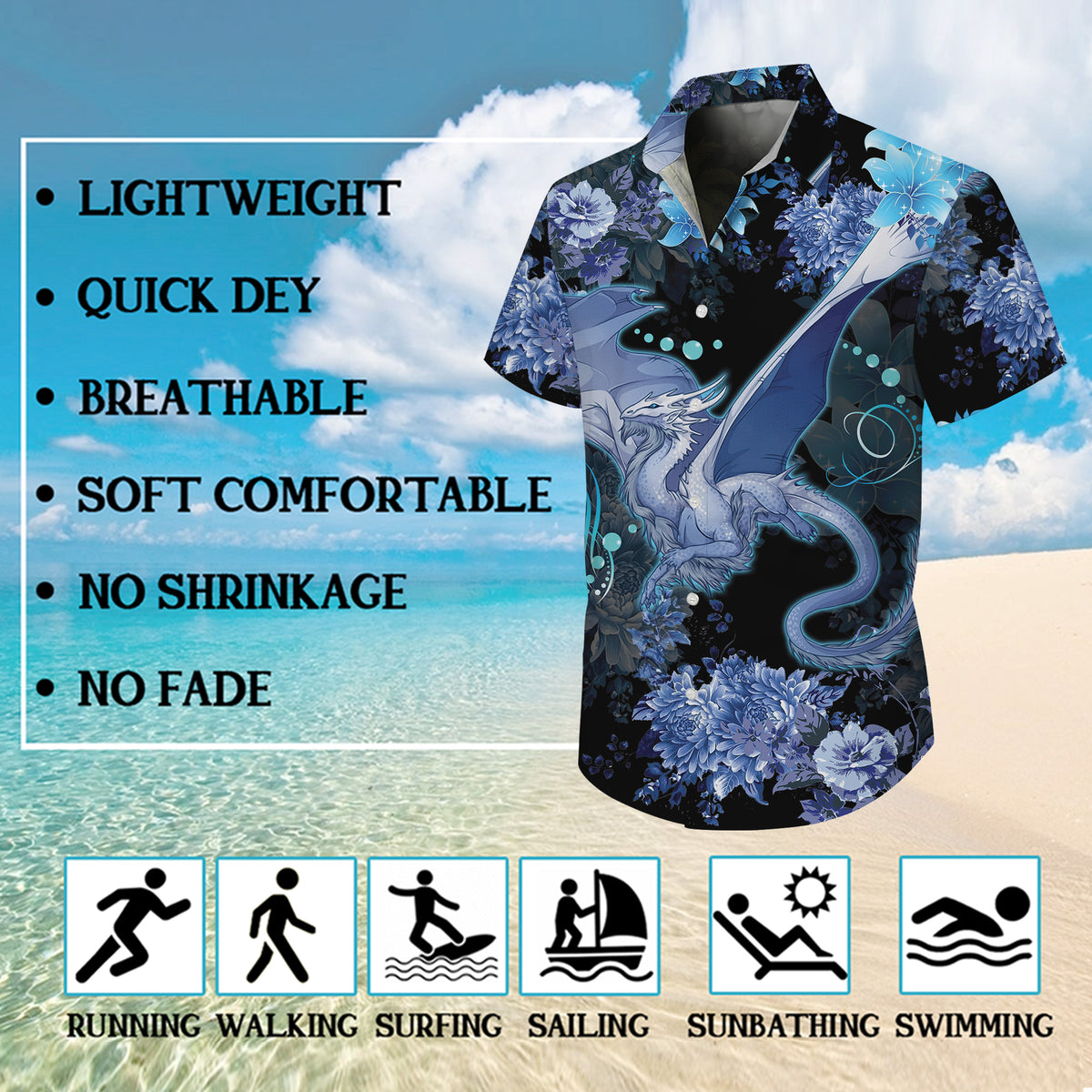 Blue Ice Dragon & Floral Hawaiian Shirt Men Women Casual Aloha Beach Vacation