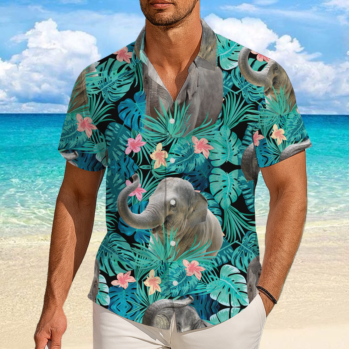 Tropical Elephants & Leaves Hawaiian Shirt Men Women Casual Aloha Beach