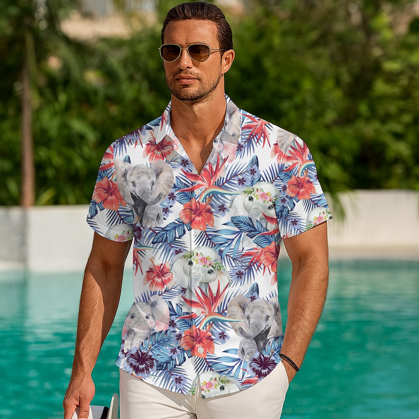 Cute Baby Elephants & Floral Hawaiian Shirt Men Women Casual Aloha Beach