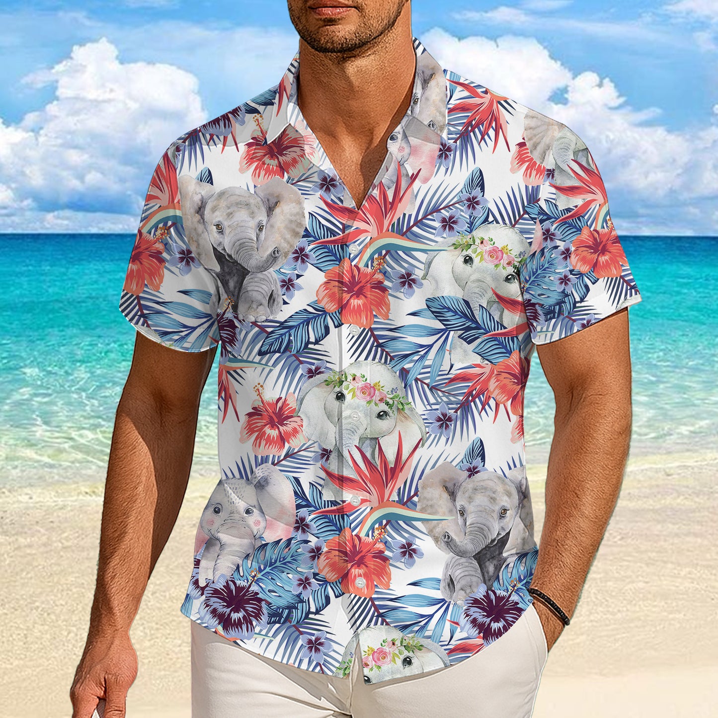 Cute Baby Elephants & Floral Hawaiian Shirt Men Women Casual Aloha Beach