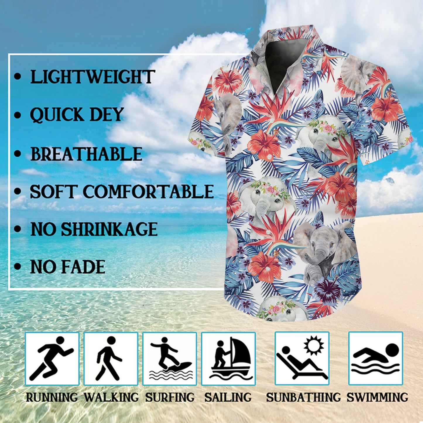 Cute Baby Elephants & Floral Hawaiian Shirt Men Women Casual Aloha Beach