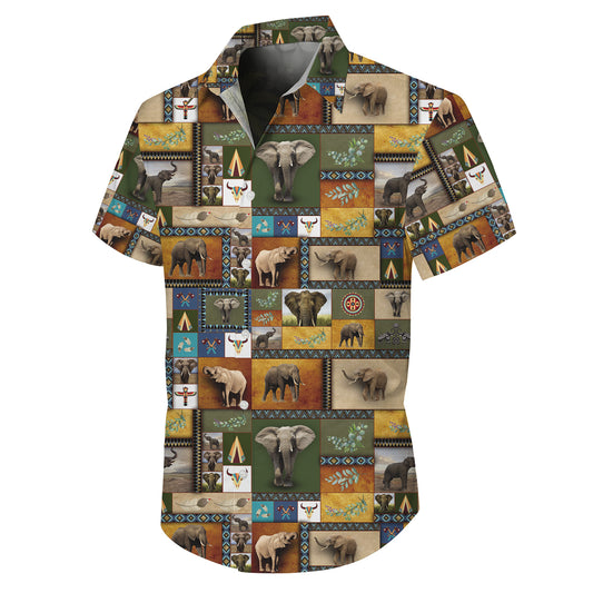 African Tribal Elephants Patchwork Hawaiian Shirt Men Women Aloha Beach