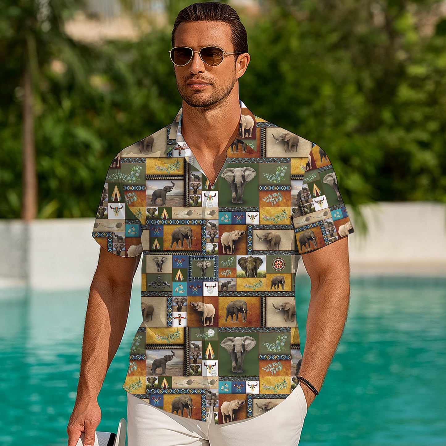 African Tribal Elephants Patchwork Hawaiian Shirt Men Women Aloha Beach