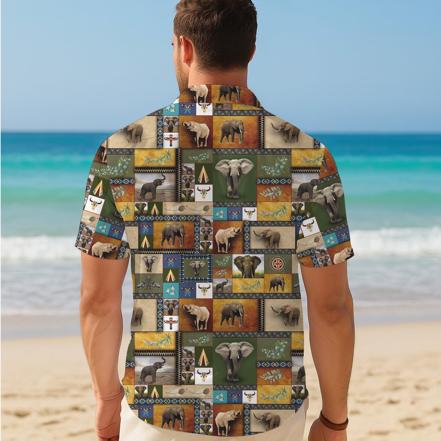 African Tribal Elephants Patchwork Hawaiian Shirt Men Women Aloha Beach