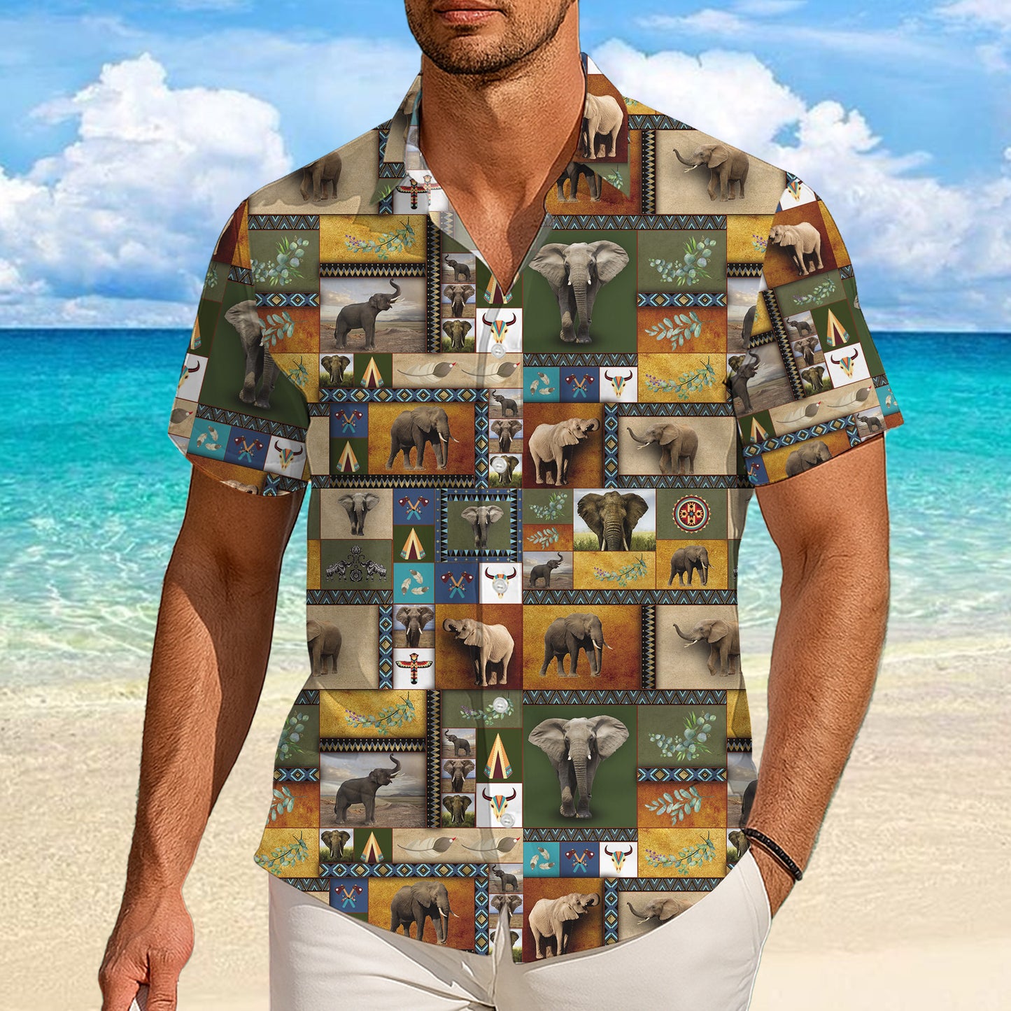 African Tribal Elephants Patchwork Hawaiian Shirt Men Women Aloha Beach