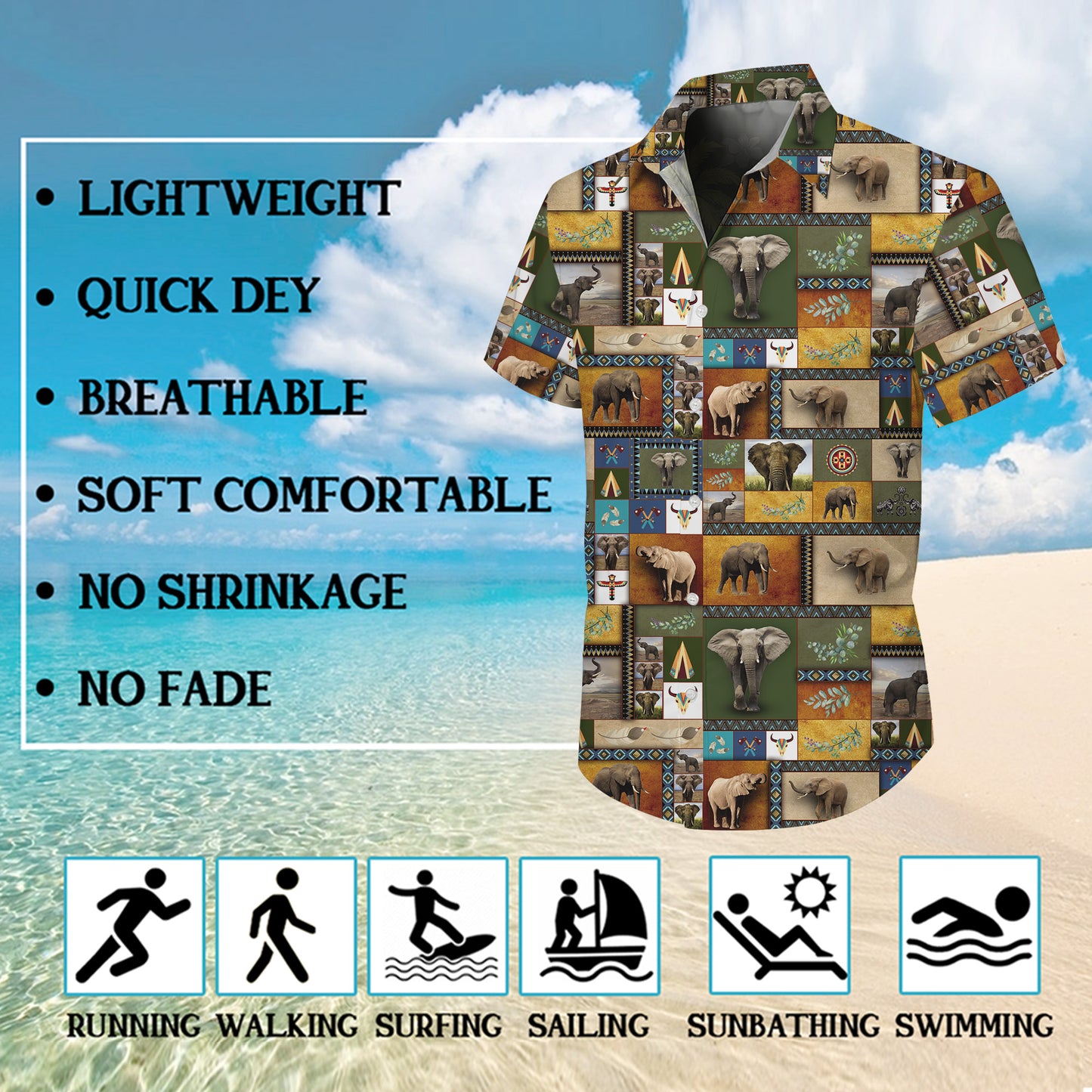 African Tribal Elephants Patchwork Hawaiian Shirt Men Women Aloha Beach