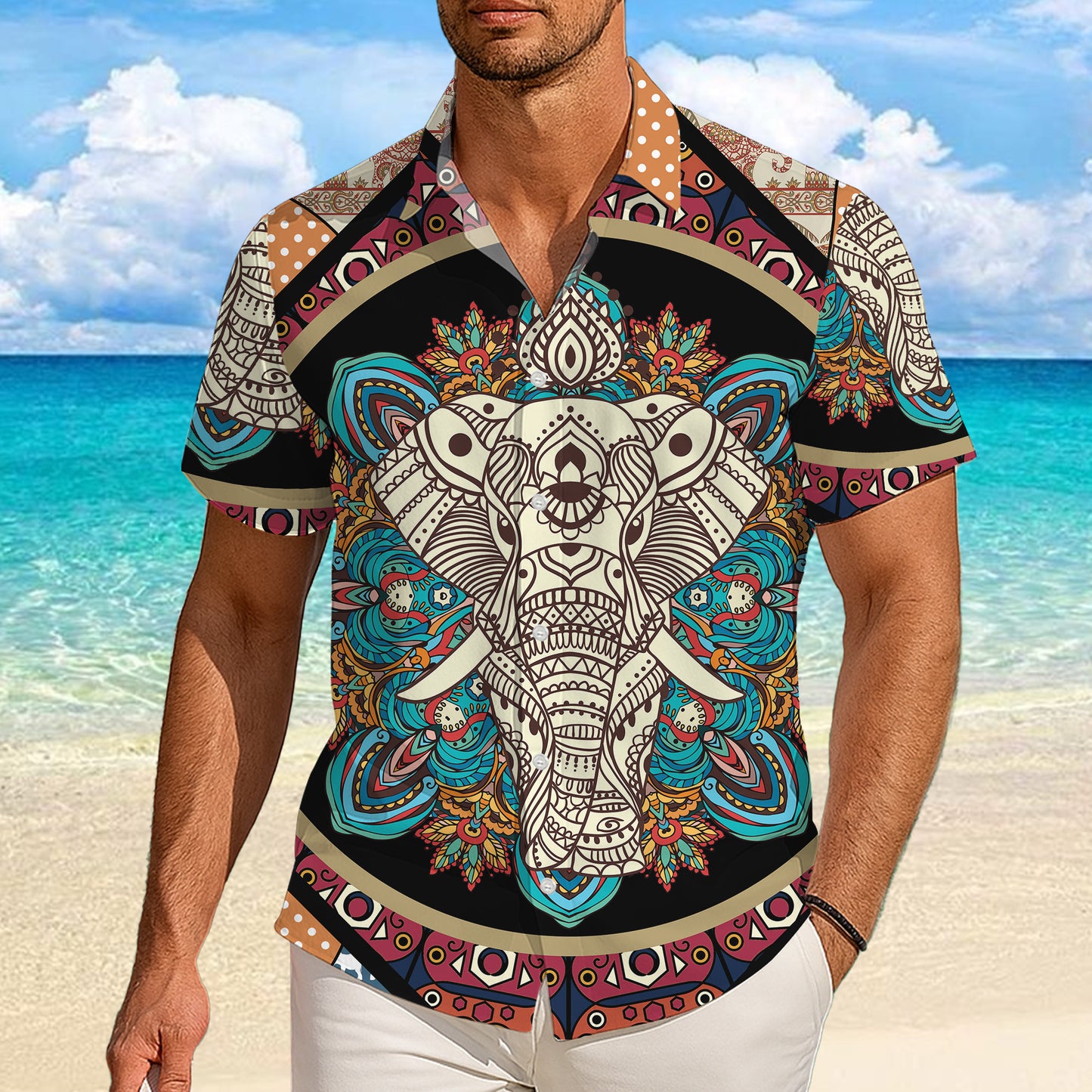 Boho Mandala Elephant Face Hawaiian Shirt Men Women Casual Aloha Beach