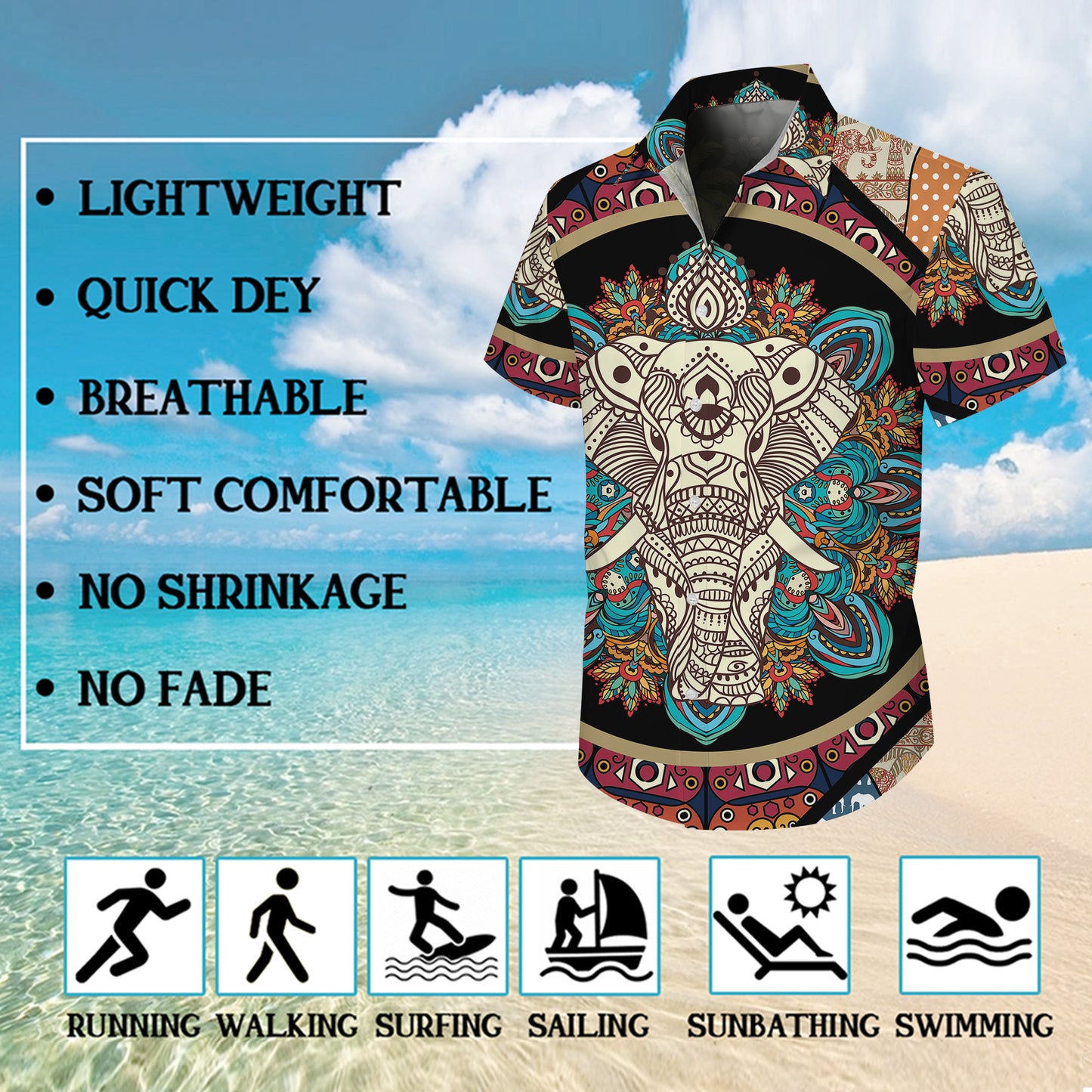 Boho Mandala Elephant Face Hawaiian Shirt Men Women Casual Aloha Beach