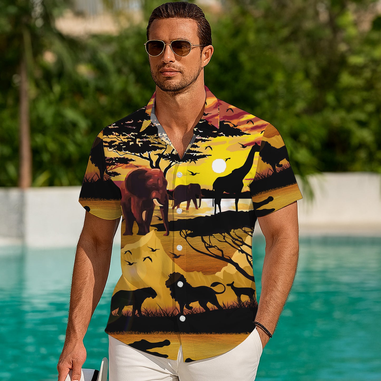 African Savanna Sunset Wildlife Hawaiian Shirt Men Women Casual Aloha Beach