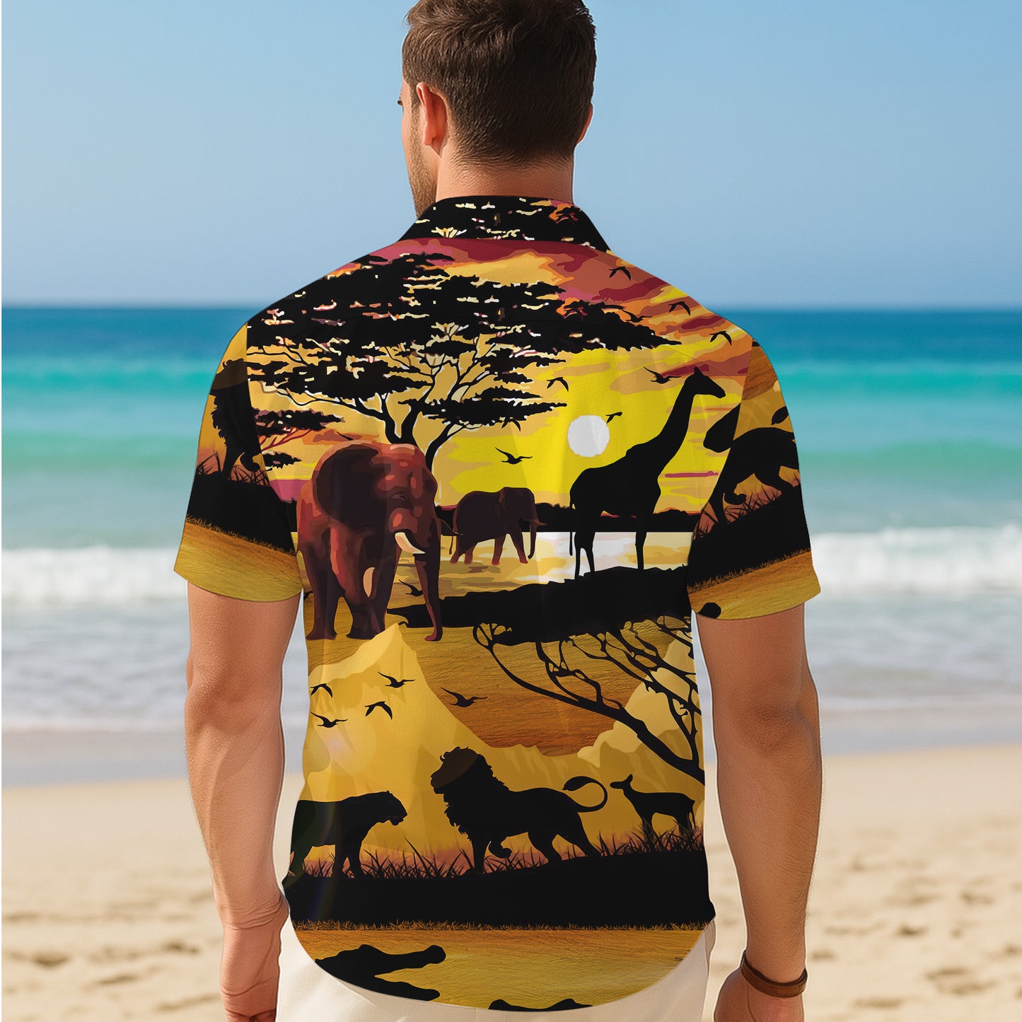 African Savanna Sunset Wildlife Hawaiian Shirt Men Women Casual Aloha Beach