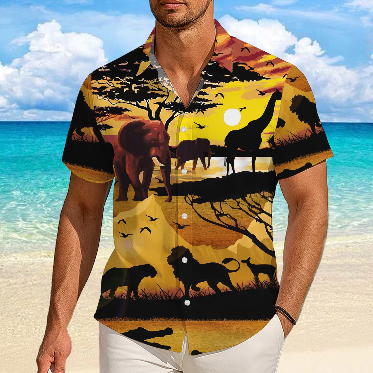 African Savanna Sunset Wildlife Hawaiian Shirt Men Women Casual Aloha Beach