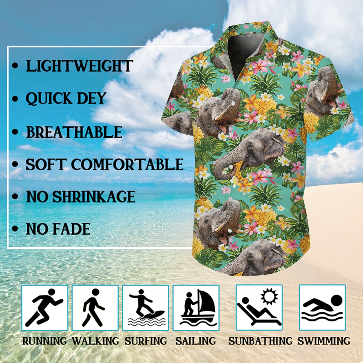 Elephants, Pineapples & Tropical Flowers Hawaiian Shirt Men Women Aloha