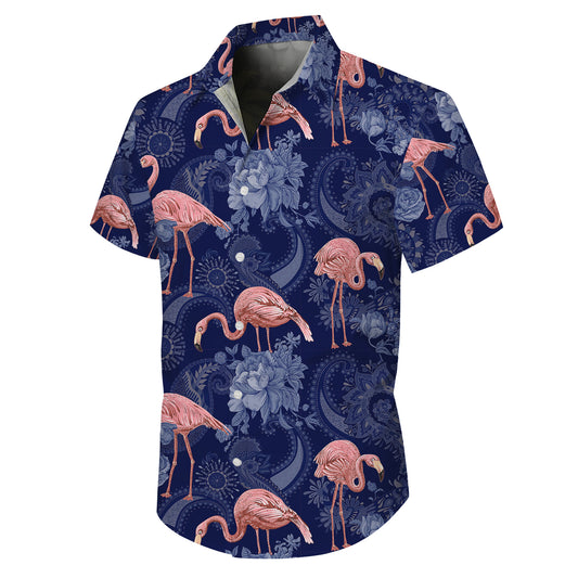 Pink Flamingos & Blue Paisley Floral Hawaiian Shirt Men Women Casual Aloha