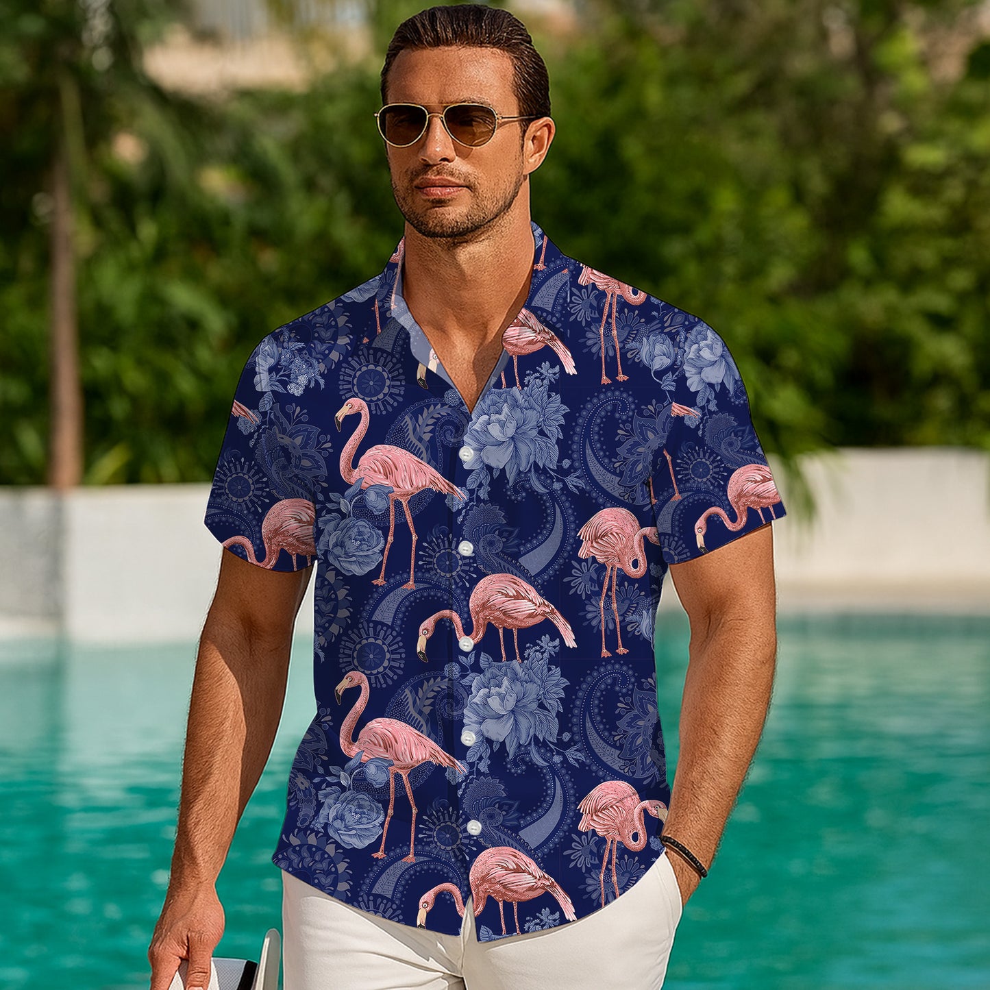 Pink Flamingos & Blue Paisley Floral Hawaiian Shirt Men Women Casual Aloha