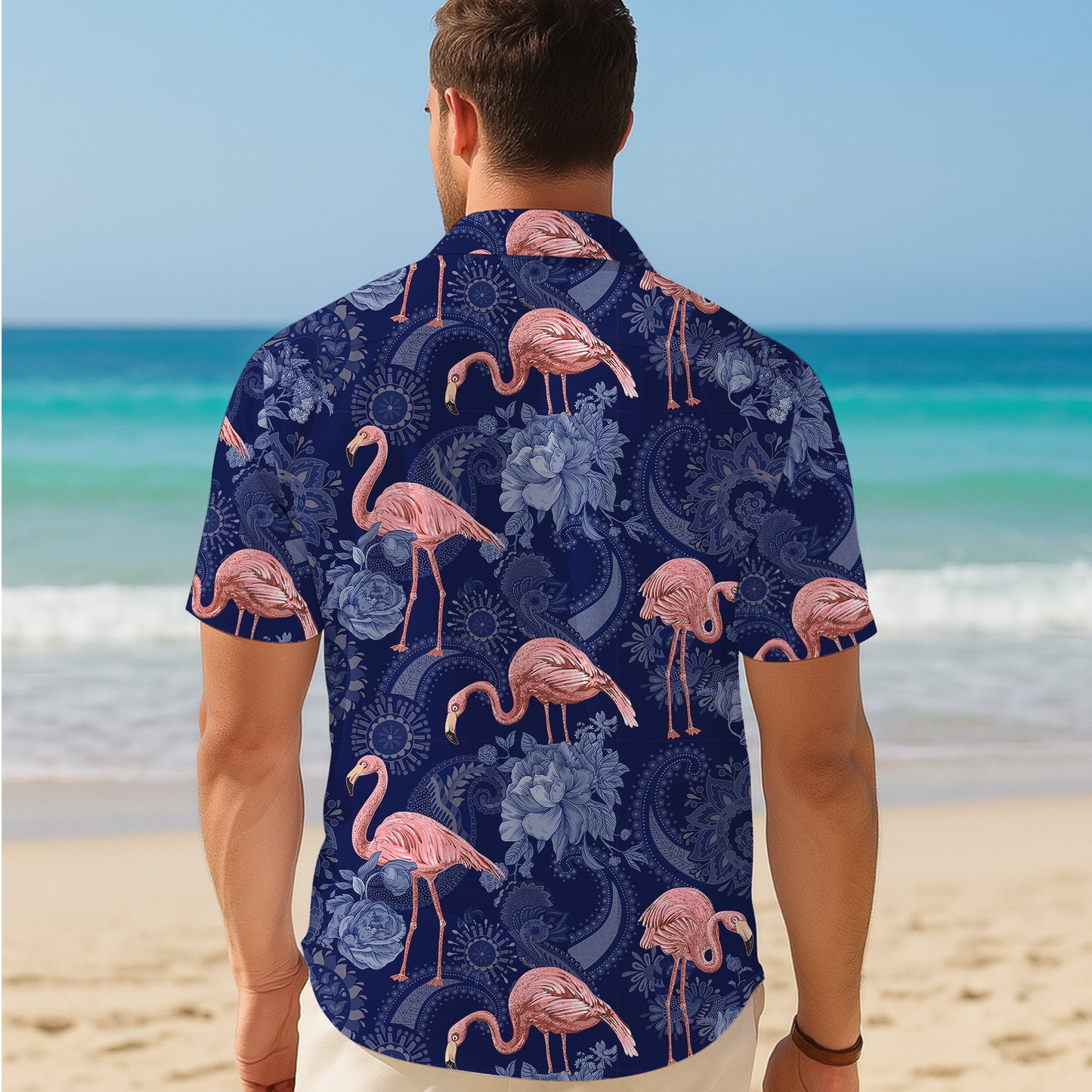 Pink Flamingos & Blue Paisley Floral Hawaiian Shirt Men Women Casual Aloha