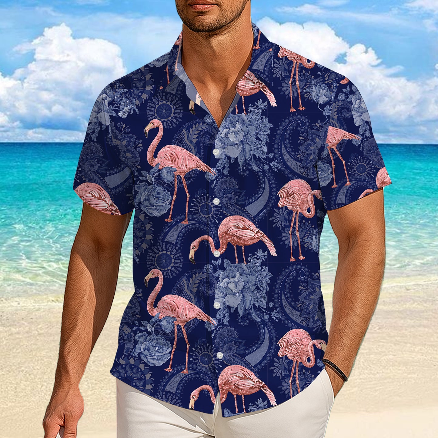 Pink Flamingos & Blue Paisley Floral Hawaiian Shirt Men Women Casual Aloha