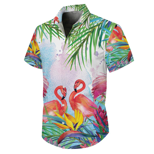 Watercolor Pink Flamingos & Palm Leaves Hawaiian Shirt Men Women Aloha