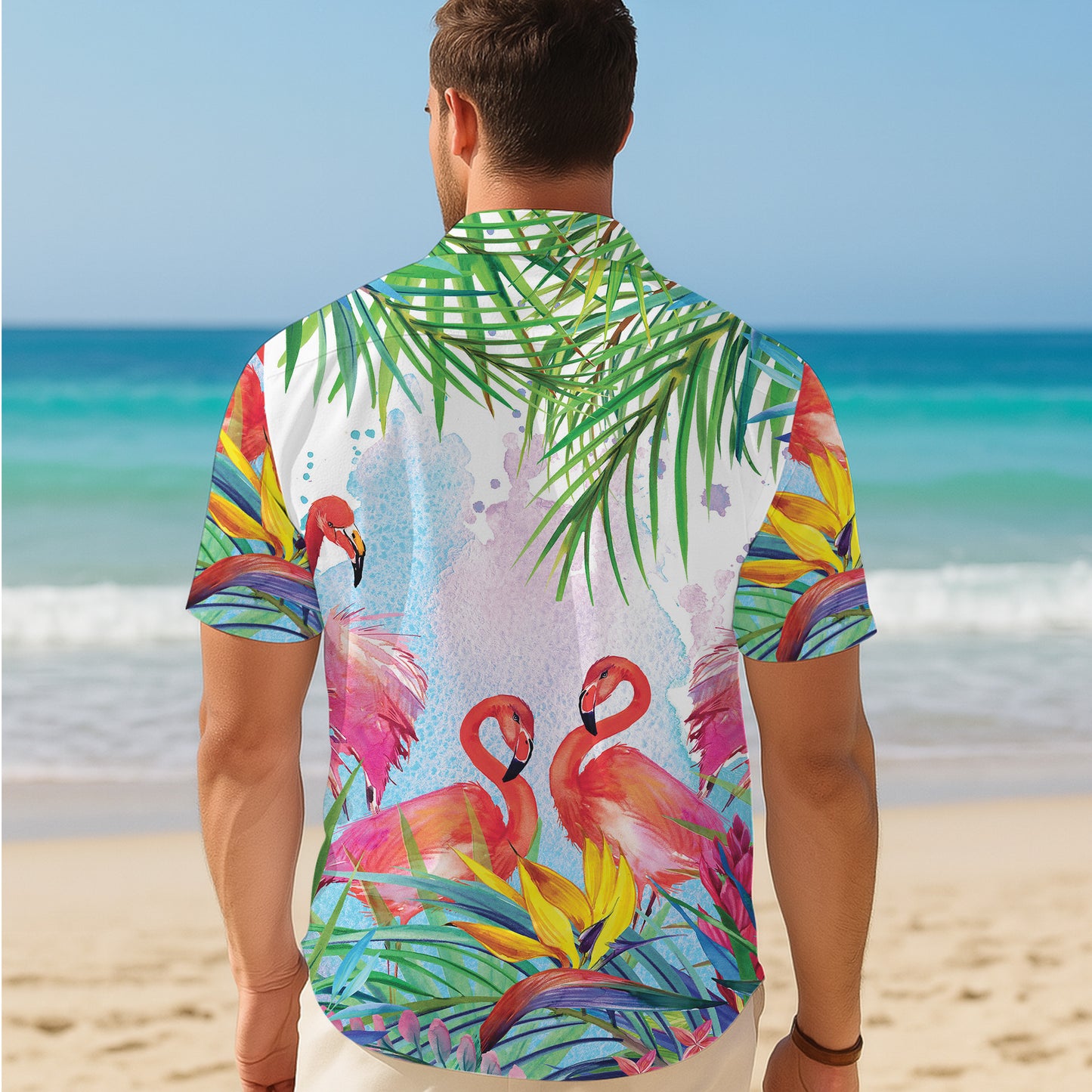 Watercolor Pink Flamingos & Palm Leaves Hawaiian Shirt Men Women Aloha